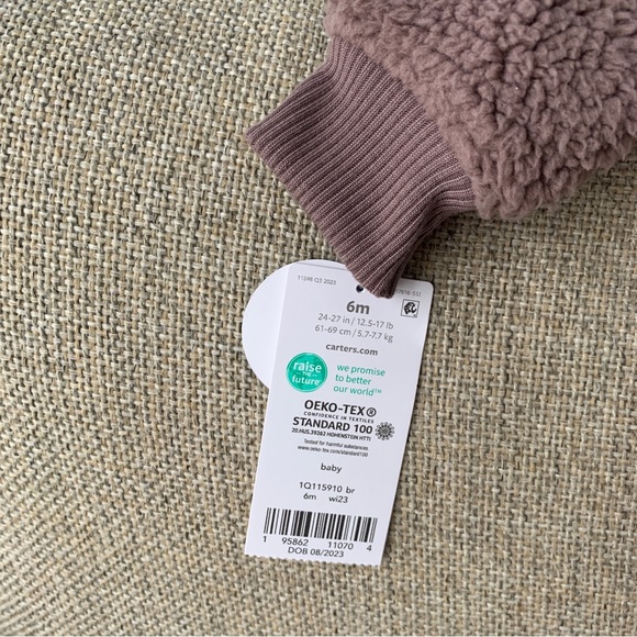 NEW Carters Baby Boys Teddy Bear One Piece Brown Hooded Sherpa Fleece 6 Months - Picture 9 of 10